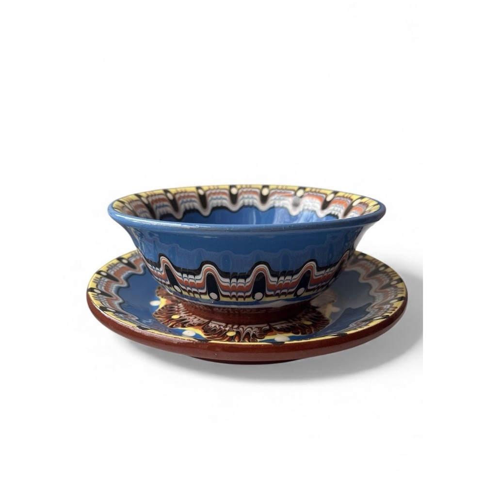 Anthropologie Troyan Bowl &  Dessert‎ Plate Bulgarian Pottery Blue Yellow